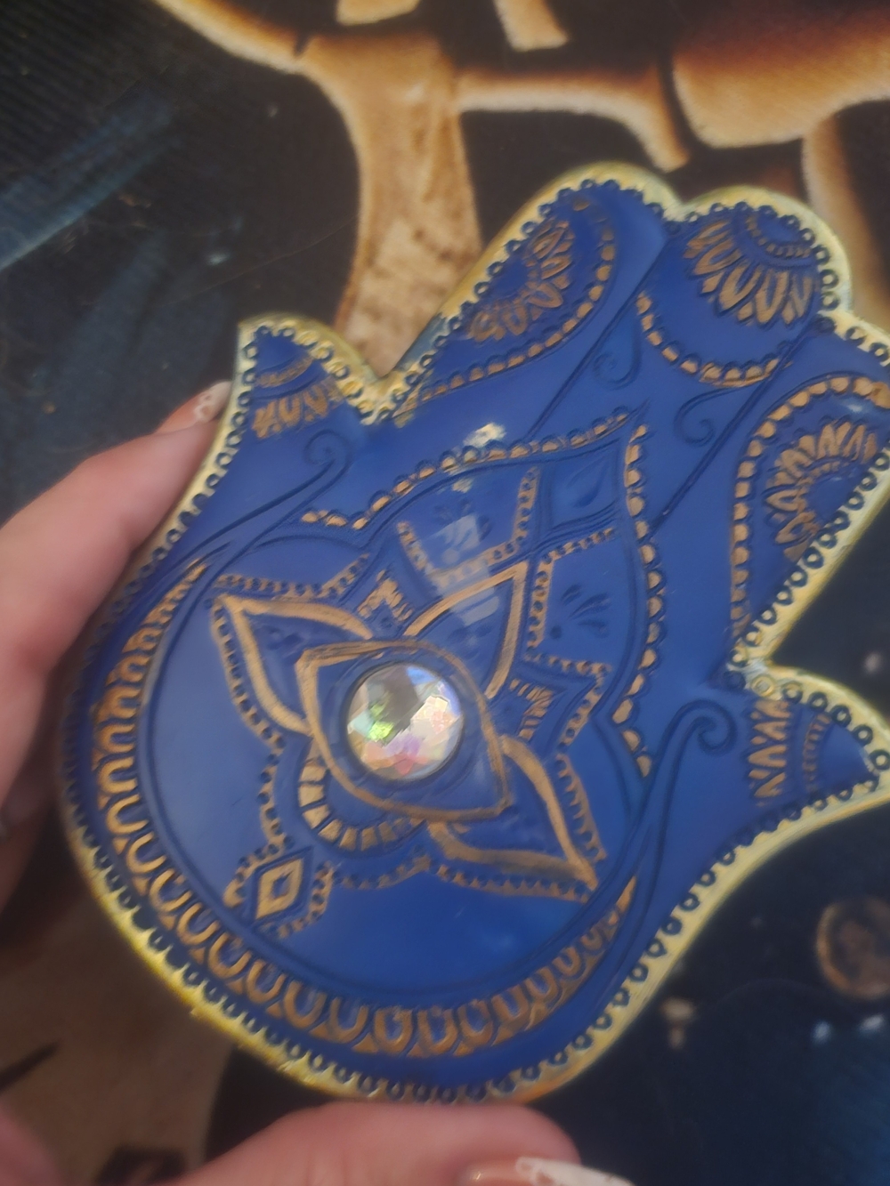 Blue Hamsa Decorative Trinket Dish with Gold Detailing